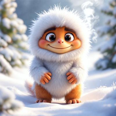 The primary subject of the image is a cartoon character, specifically a snow monster, standing in a snowy environment. The setting includes a snow-covered ground and trees in the background. The visual style of the image is digital art, as it is a well-crafted and detailed illustration. The dominant colors in the image are white and gray, which create a cold and wintry atmosphere.